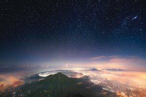 landscape, Nature, Starry Night, Mist, Mountain, City, Lights, Crater, Bali, Indonesia