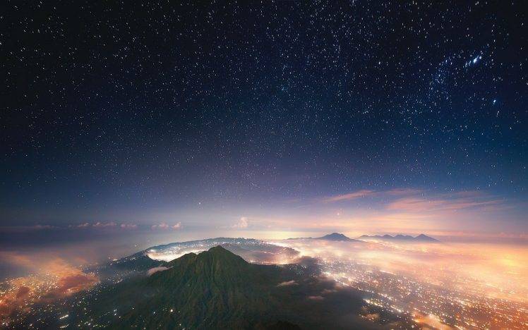 landscape, Nature, Starry Night, Mist, Mountain, City, Lights, Crater, Bali, Indonesia HD Wallpaper Desktop Background