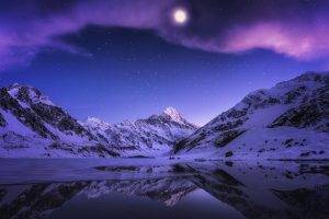 landscape, Nature, Lake, Mountain, Snow, Reflection, Stars, Evening, Moon, Clouds, Moonlight, New Zealand