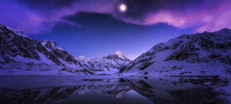 landscape, Nature, Lake, Mountain, Snow, Reflection, Stars, Evening, Moon, Clouds, Moonlight, New Zealand HD Wallpaper Desktop Background