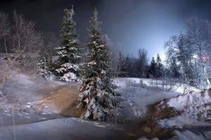 landscape, Nature, Winter, Snow, Forest, Lights, Cold, Trees, Hill