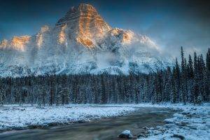 mountain, Winter, Snow, Trees, Landscape, Stream, River, Ice