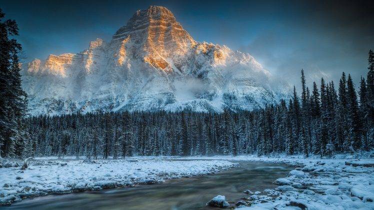 mountain, Winter, Snow, Trees, Landscape, Stream, River, Ice HD Wallpaper Desktop Background