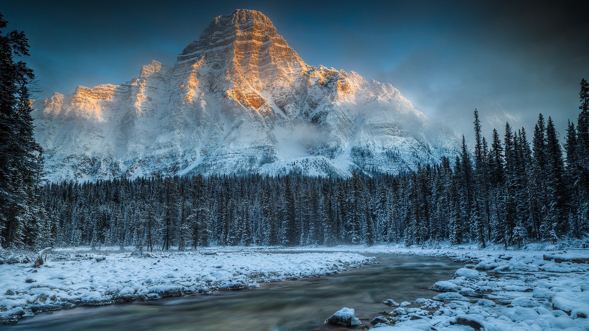 mountain, Winter, Snow, Trees, Landscape, Stream, River, Ice Wallpaper