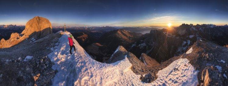 landscape, Nature, Dolomites (mountains), Sunset, Panoramas, Snow, Summit, Cross, Hiking, Winter, Italy HD Wallpaper Desktop Background