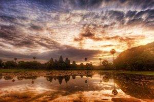nature, Landscape, Sunrise, Sky, Clouds, Trees, Temple, Water, Reflection, Pond, Angkor, World Heritage Site, Cambodia