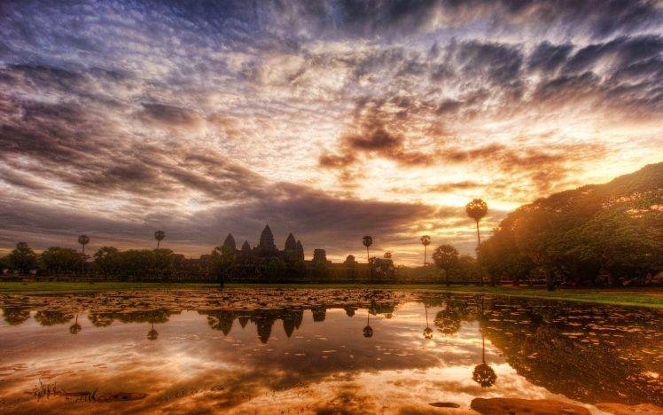 nature, Landscape, Sunrise, Sky, Clouds, Trees, Temple, Water, Reflection, Pond, Angkor, World Heritage Site, Cambodia HD Wallpaper Desktop Background