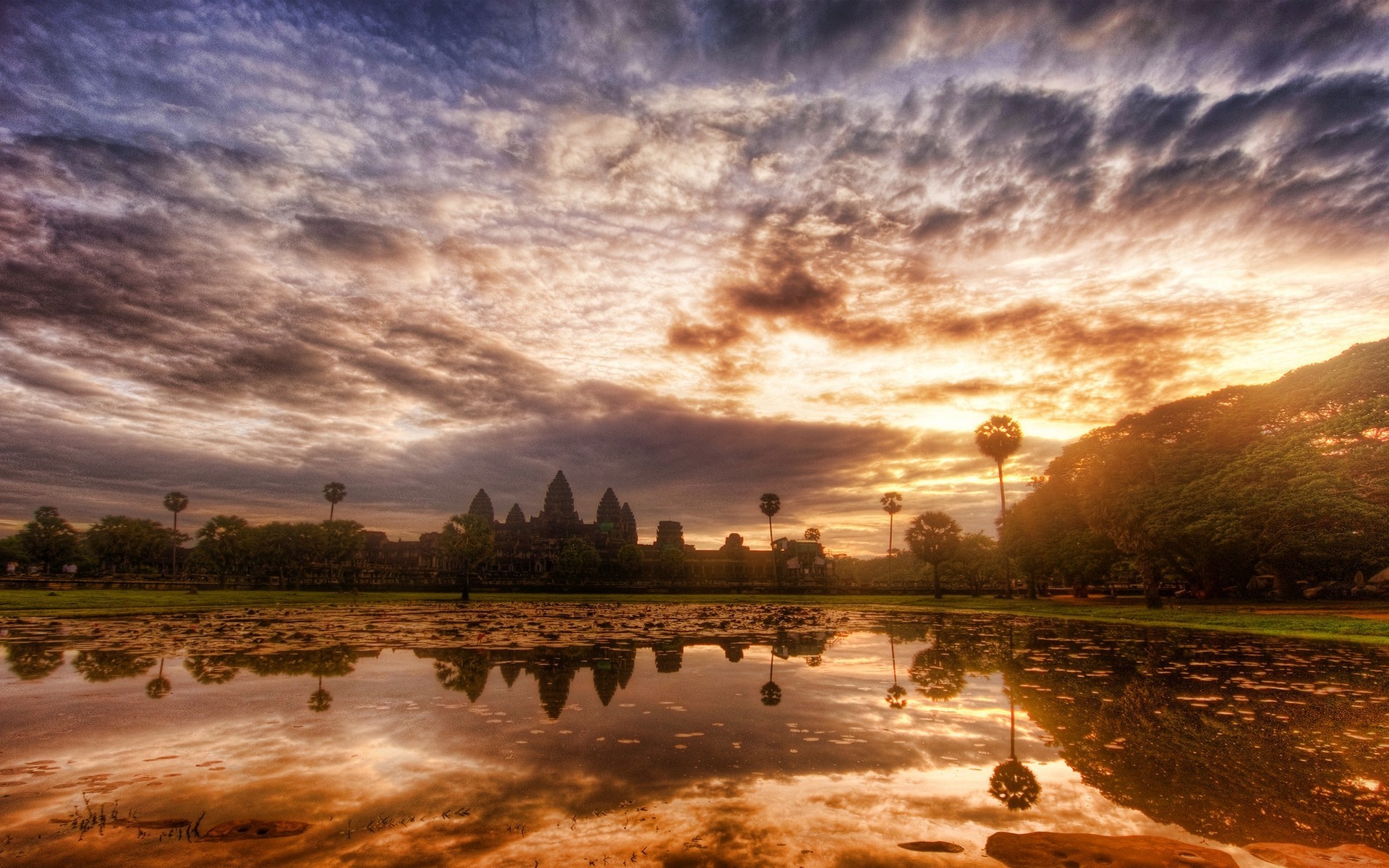 nature, Landscape, Sunrise, Sky, Clouds, Trees, Temple, Water, Reflection, Pond, Angkor, World Heritage Site, Cambodia Wallpaper