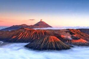 nature, Landscape, Mountain, Volcano, Clouds, Mist, Crater, Sunrise, Mount Bromo, Indonesia, Sunlight