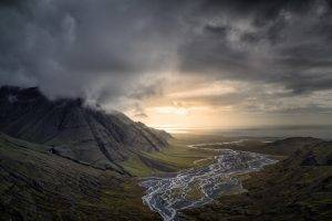 nature, Landscape, Dark, Clouds, Mountain, River, Valley, Sunset, Sea, Iceland