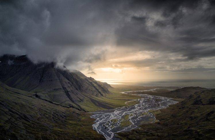 nature, Landscape, Dark, Clouds, Mountain, River, Valley, Sunset, Sea, Iceland HD Wallpaper Desktop Background