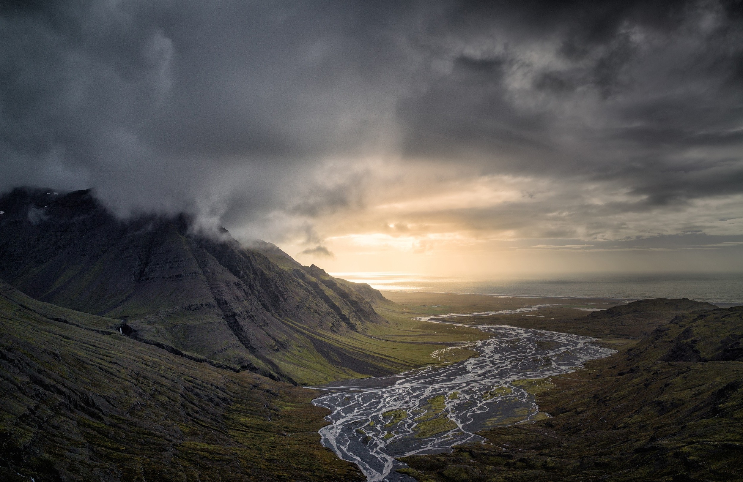 Nature Landscape Dark Clouds Mountain River Valley Sunset Sea