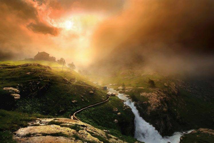 nature, Landscape, Mountain, Clouds, Mist, Sunrise, River, House, Italy HD Wallpaper Desktop Background