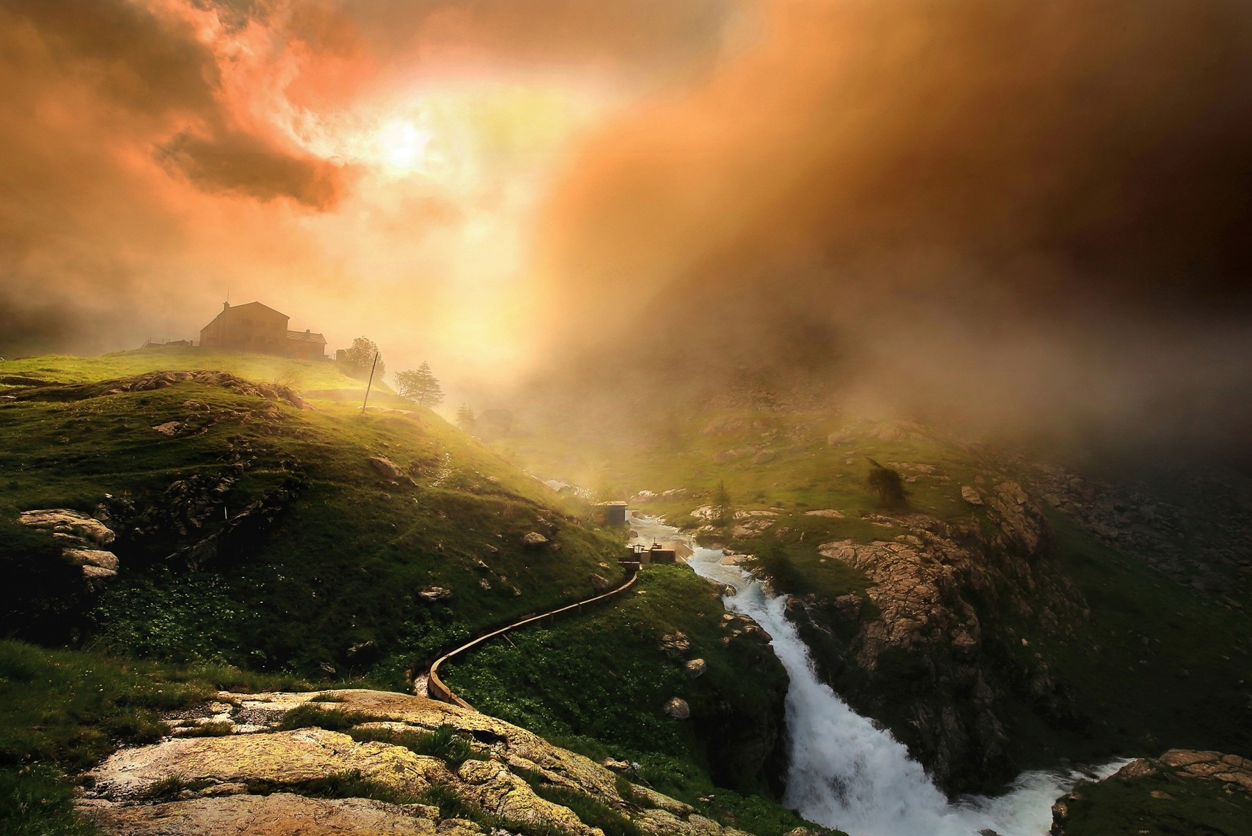 nature, Landscape, Mountain, Clouds, Mist, Sunrise, River, House, Italy Wallpaper