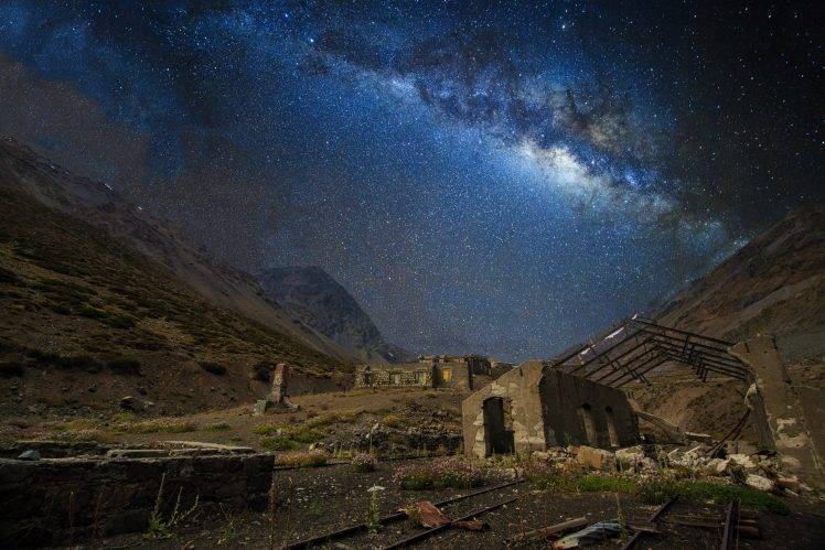 nature, Landscape, Train Station, Abandoned, Mountain, Milky Way, Galaxy, Starry Night, Railway, Chile, Long Exposure HD Wallpaper Desktop Background