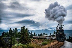 nature, Landscape, Train, Machine, Smoke, Trees, Clouds, Bridge, Railway, Mountain, Steam Locomotive