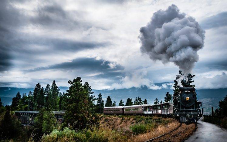 nature, Landscape, Train, Machine, Smoke, Trees, Clouds, Bridge, Railway, Mountain, Steam Locomotive HD Wallpaper Desktop Background