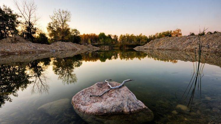 photography, Nature, Landscape, Trees, Lake, Water, Rock, Sunrise, Reflection HD Wallpaper Desktop Background
