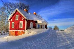 architecture, House, Window, Snow, Winter, Road, Trees, Clouds, Nature, Sweden, Landscape
