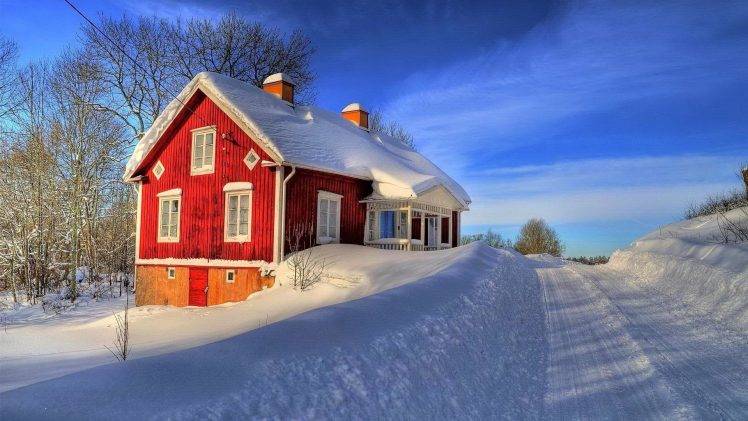architecture, House, Window, Snow, Winter, Road, Trees, Clouds, Nature, Sweden, Landscape HD Wallpaper Desktop Background