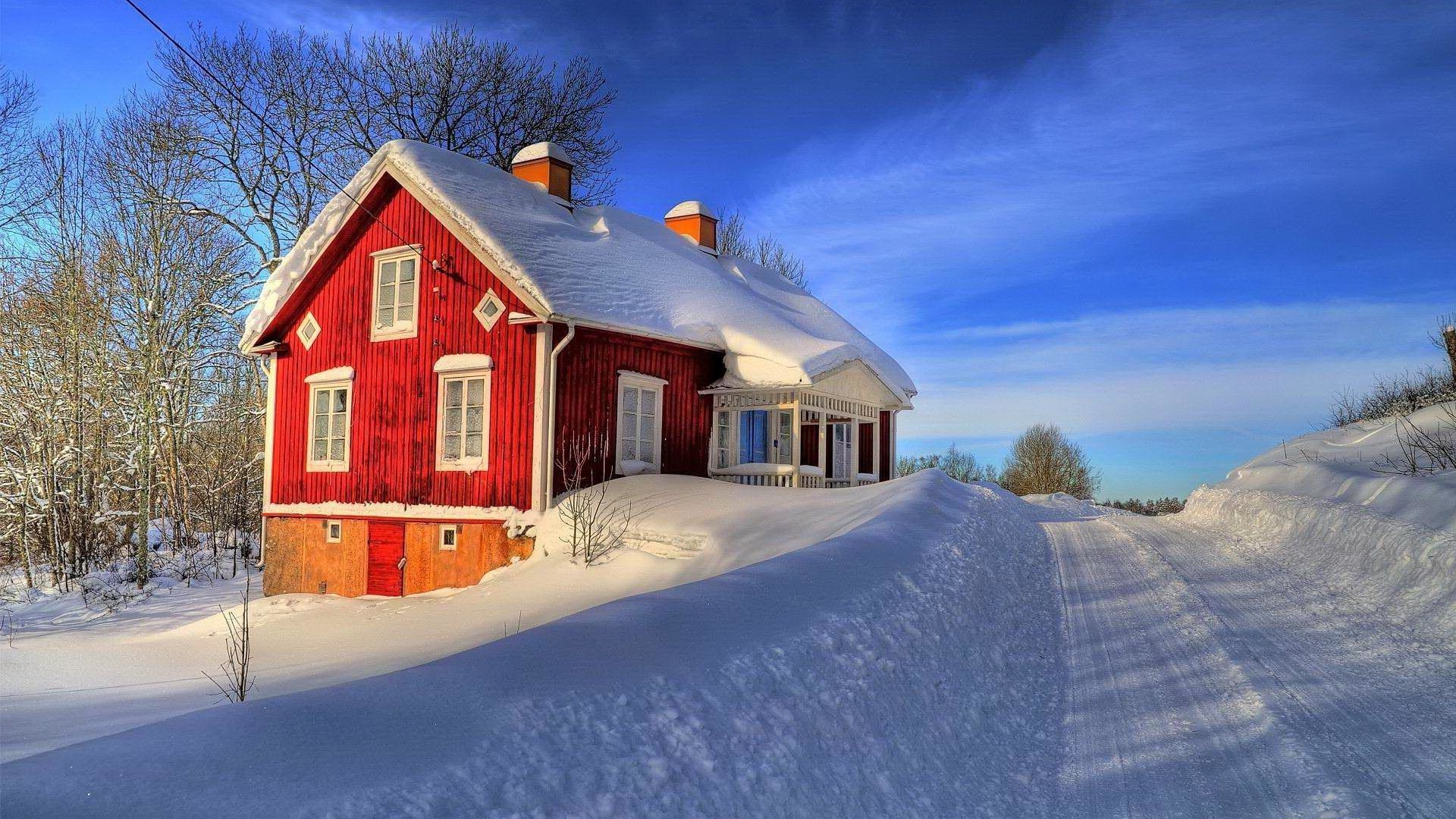 Architecture House Window Snow Winter Road Trees Clouds