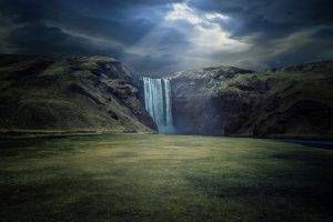 waterfall, Nature, River, Landscape, Sun Rays, Cliff, Dark, Clouds, Sunlight, Iceland