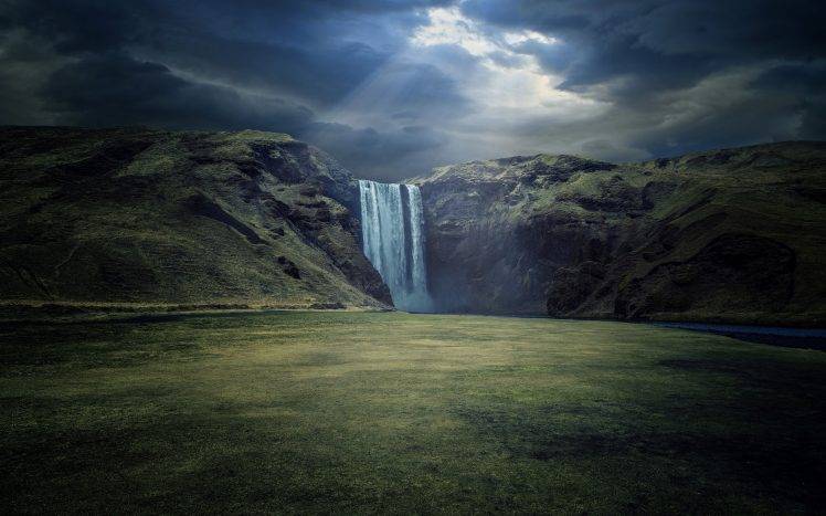 waterfall, Nature, River, Landscape, Sun Rays, Cliff, Dark, Clouds, Sunlight, Iceland HD Wallpaper Desktop Background