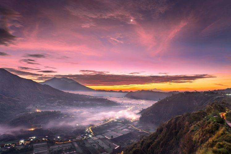 nature, Landscape, Mist, City, Sunrise, Valley, Mountain, Sky, Clouds, Indonesia HD Wallpaper Desktop Background