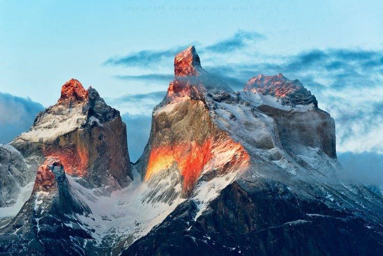 nature, Landscape, Mountain, Sunrise, Snowy Peak, Summit, Sunlight, Torres Del Paine, National Park, Chile HD Wallpaper Desktop Background