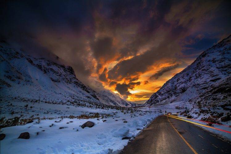 nature, Landscape, Road, Mountain, Sunset, Winter, Snow, Clouds, Sky, Chile HD Wallpaper Desktop Background