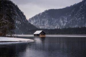 landscape, Nature, Cottage, Lake, Mountain, Forest, Fall, Snow, Overcast
