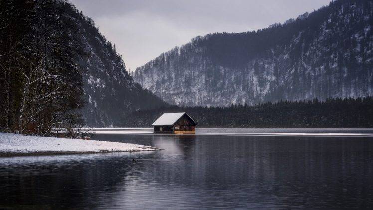 landscape, Nature, Cottage, Lake, Mountain, Forest, Fall, Snow, Overcast HD Wallpaper Desktop Background