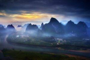 nature, Landscape, Mountain, River, Mist, Road, Sunrise, Sky, Town, Field, Blue, Guilin, China