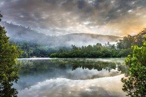 nature, Landscape, Mist, Sunrise, Lake, Hill, Trees, Water, Reflection, Clouds, Australia
