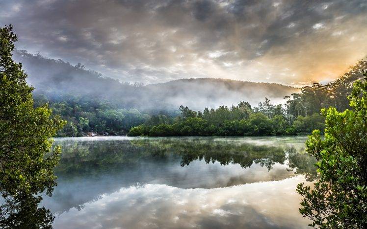 nature, Landscape, Mist, Sunrise, Lake, Hill, Trees, Water, Reflection, Clouds, Australia HD Wallpaper Desktop Background