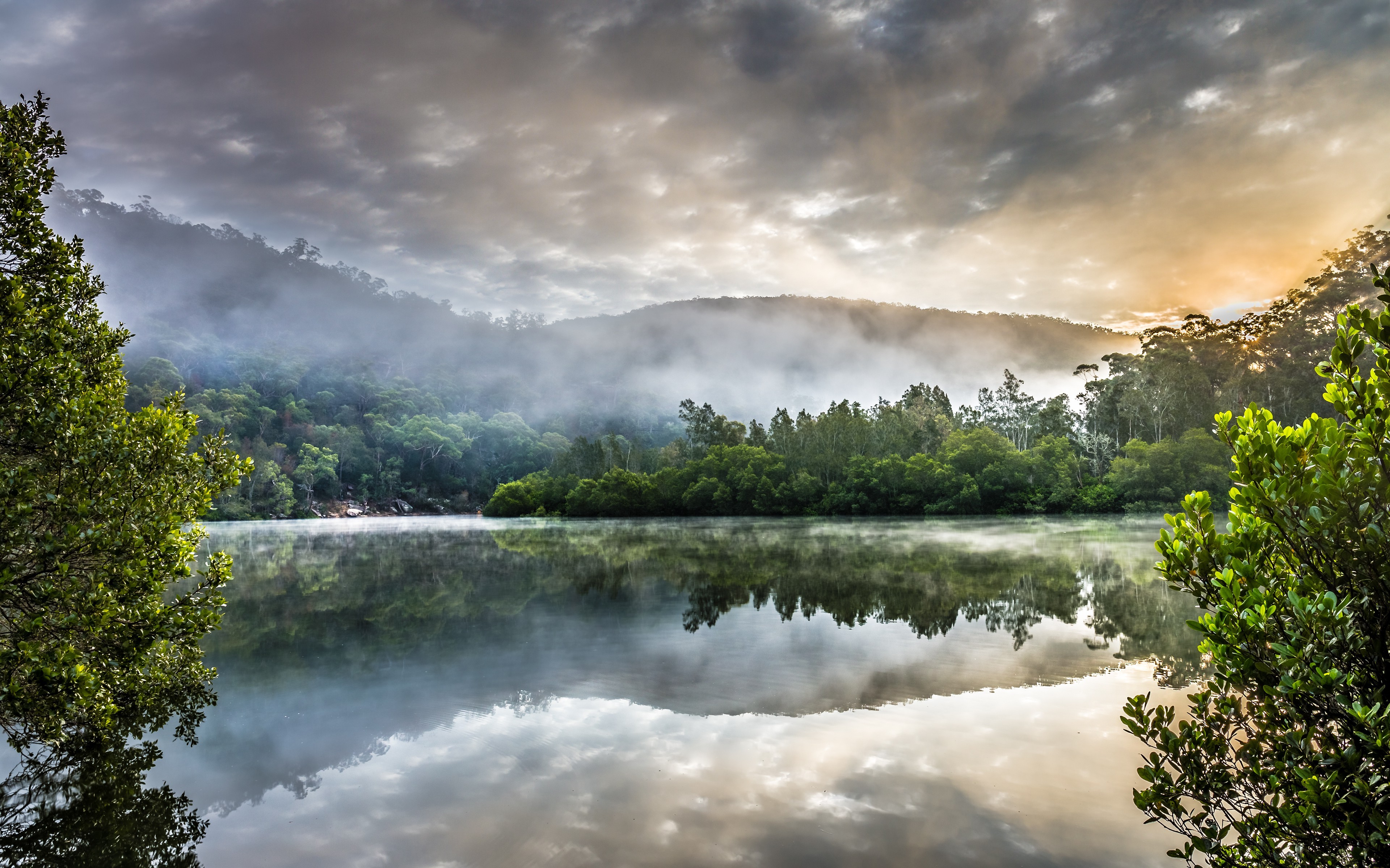 nature, Landscape, Mist, Sunrise, Lake, Hill, Trees, Water, Reflection, Clouds, Australia Wallpaper
