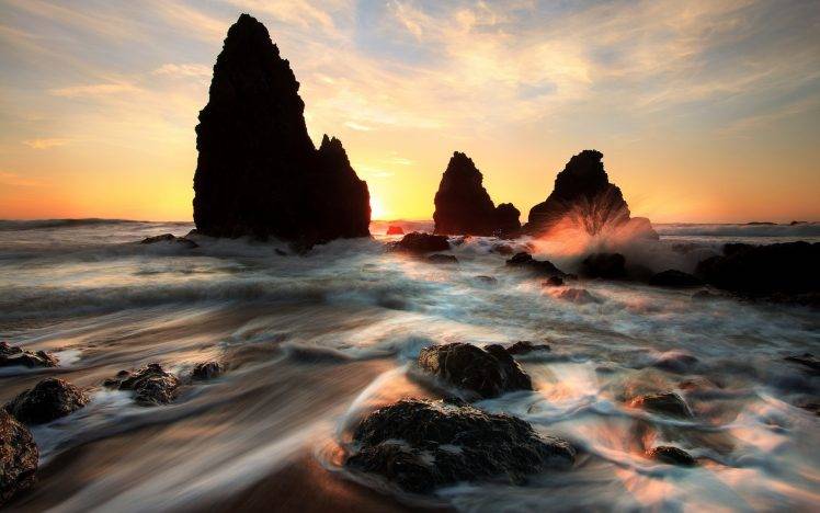 water, Sea, Coast, Landscape, Nature, Rock, Sunrise HD Wallpaper Desktop Background