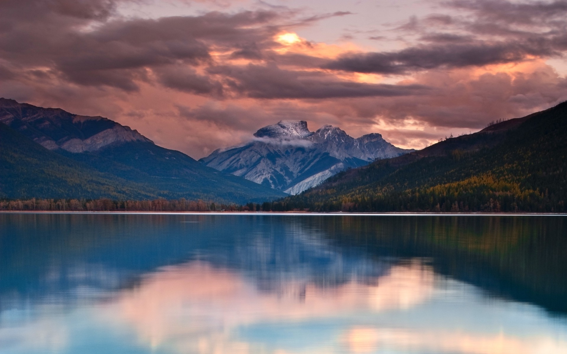 nature, Landscape, Lake, Mountain, Sunset, Forest, Clouds, Snowy Peak, Calm, British Columbia, Canada Wallpaper