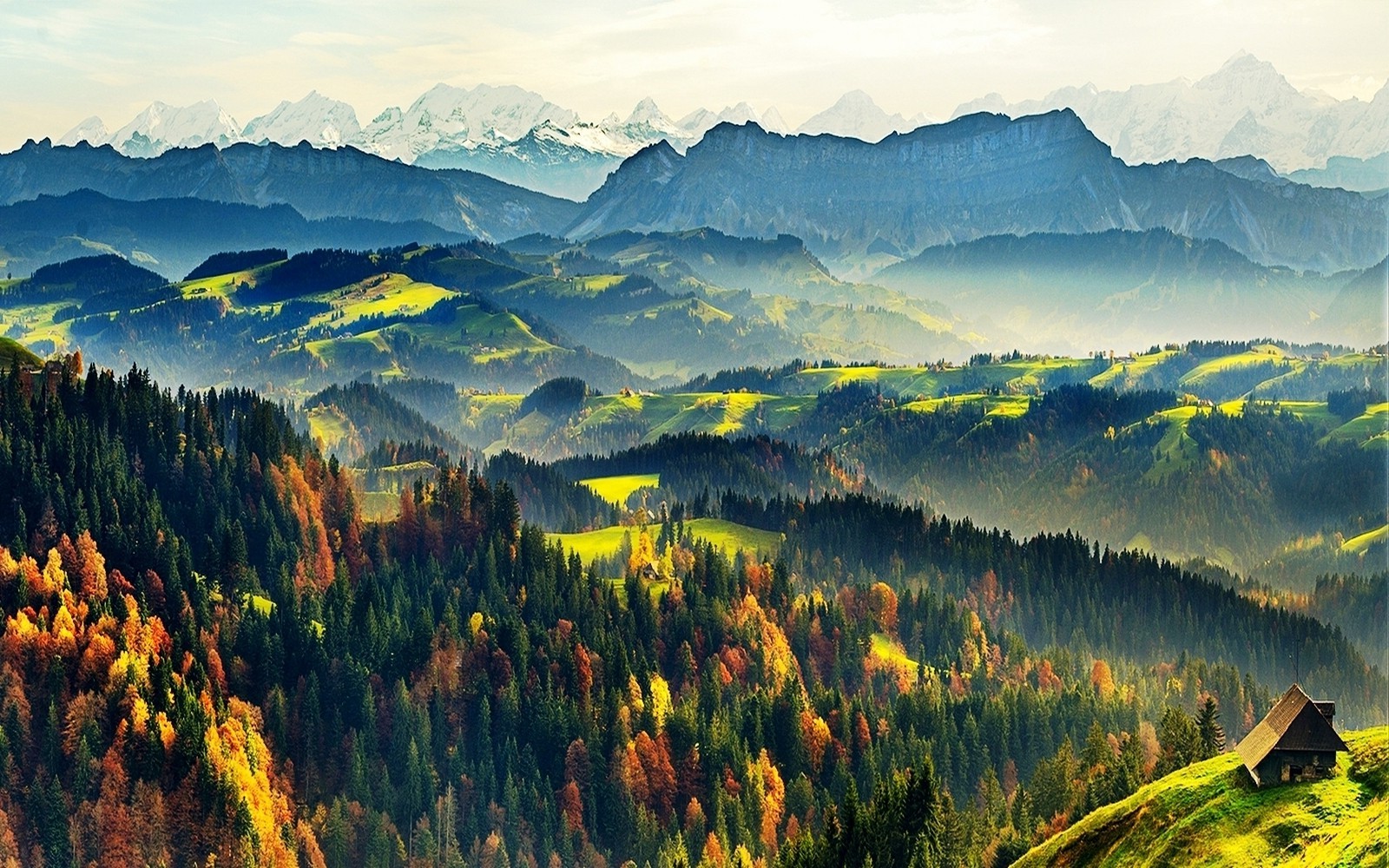 nature, Landscape, Cabin, Mountain, Forest, Fall, Mist, Snowy Peak, Pine Trees, Sunlight, Morning, Switzerland Wallpaper