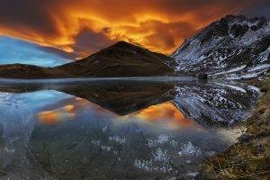 nature, Landscape, Lake, Mountain, Snow, Sunset, Sky, Clouds, Reflection, Alps, France
