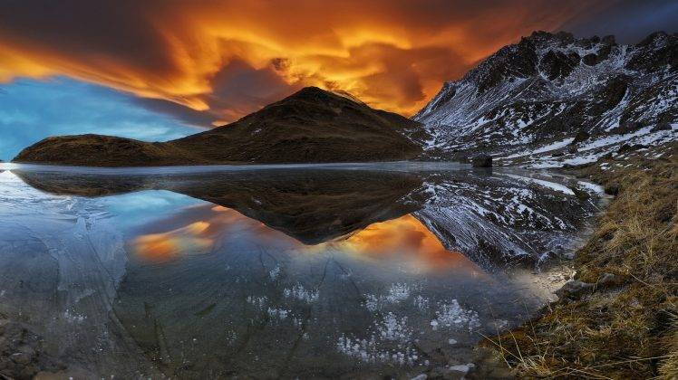 nature, Landscape, Lake, Mountain, Snow, Sunset, Sky, Clouds, Reflection, Alps, France HD Wallpaper Desktop Background