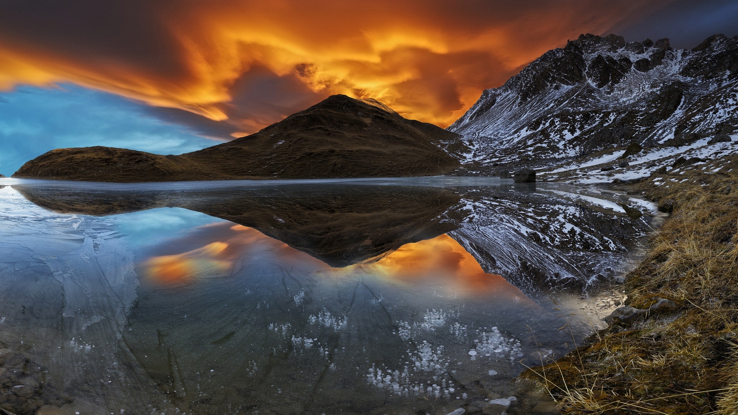 nature, Landscape, Lake, Mountain, Snow, Sunset, Sky, Clouds, Reflection, Alps, France Wallpaper