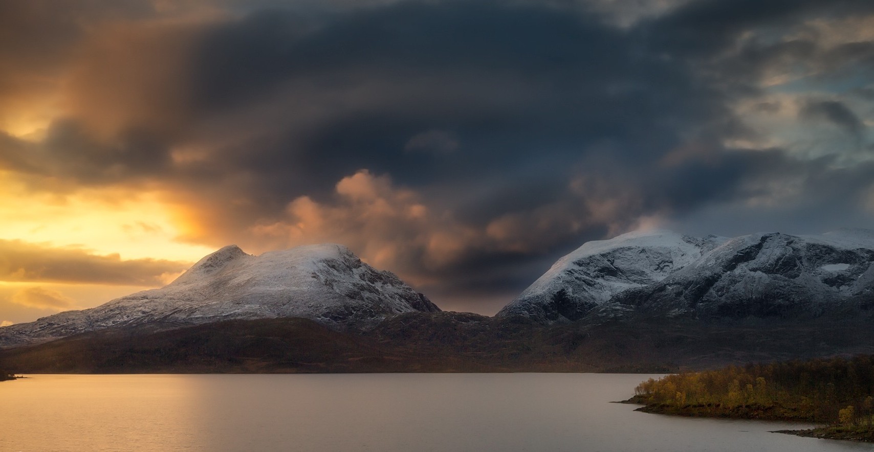 landscape, Nature, Lake, Mountain, Storm, Snowy Peak, Clouds, Sunlight, Norway Wallpaper