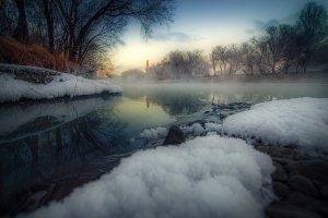 landscape, Nature, River, Sunrise, Trees, Snow, Frost, Mist, Fall, Mongolia