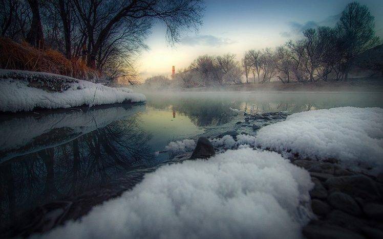 landscape, Nature, River, Sunrise, Trees, Snow, Frost, Mist, Fall, Mongolia HD Wallpaper Desktop Background