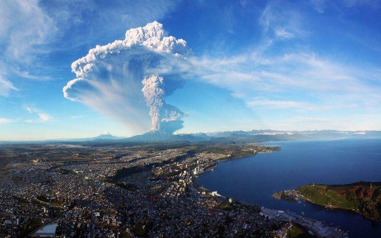 landscape, Nature, Eruption, Cityscape, Sea, Smoke, Ash, Chile, Calbuco Volcano, Puerto Montt HD Wallpaper Desktop Background