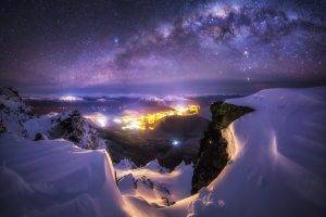 landscape, Nature, Milky Way, Galaxy, City, Starry Night, Mountain, Snow, Winter, Queenstown, Lights, New Zealand, Long Exposure