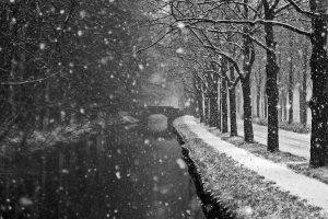 photography, Water, Monochrome, Landscape, Nature, River, Snow, Trees, Winter, Bridge