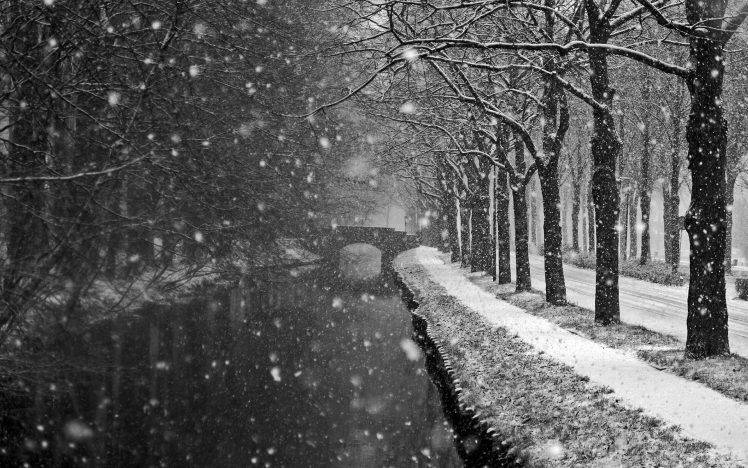 photography, Water, Monochrome, Landscape, Nature, River, Snow, Trees, Winter, Bridge HD Wallpaper Desktop Background