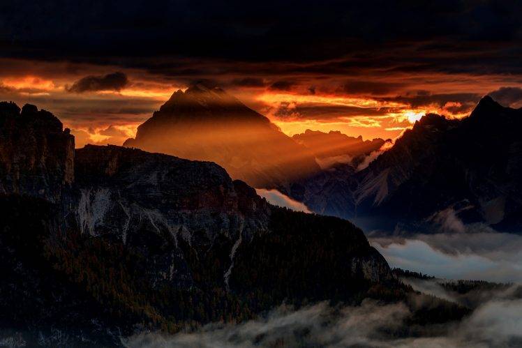 landscape, Nature, Sunrise, Mist, Mountain, Sun Rays, Dolomites (mountains), Alps, Clouds, Sky, Forest, Italy HD Wallpaper Desktop Background